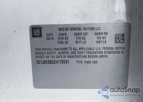 2014 Chevrolet Sonic Ltz Auto z USA, uszkodzony, nr VIN 1G1JE6SB2E4178041